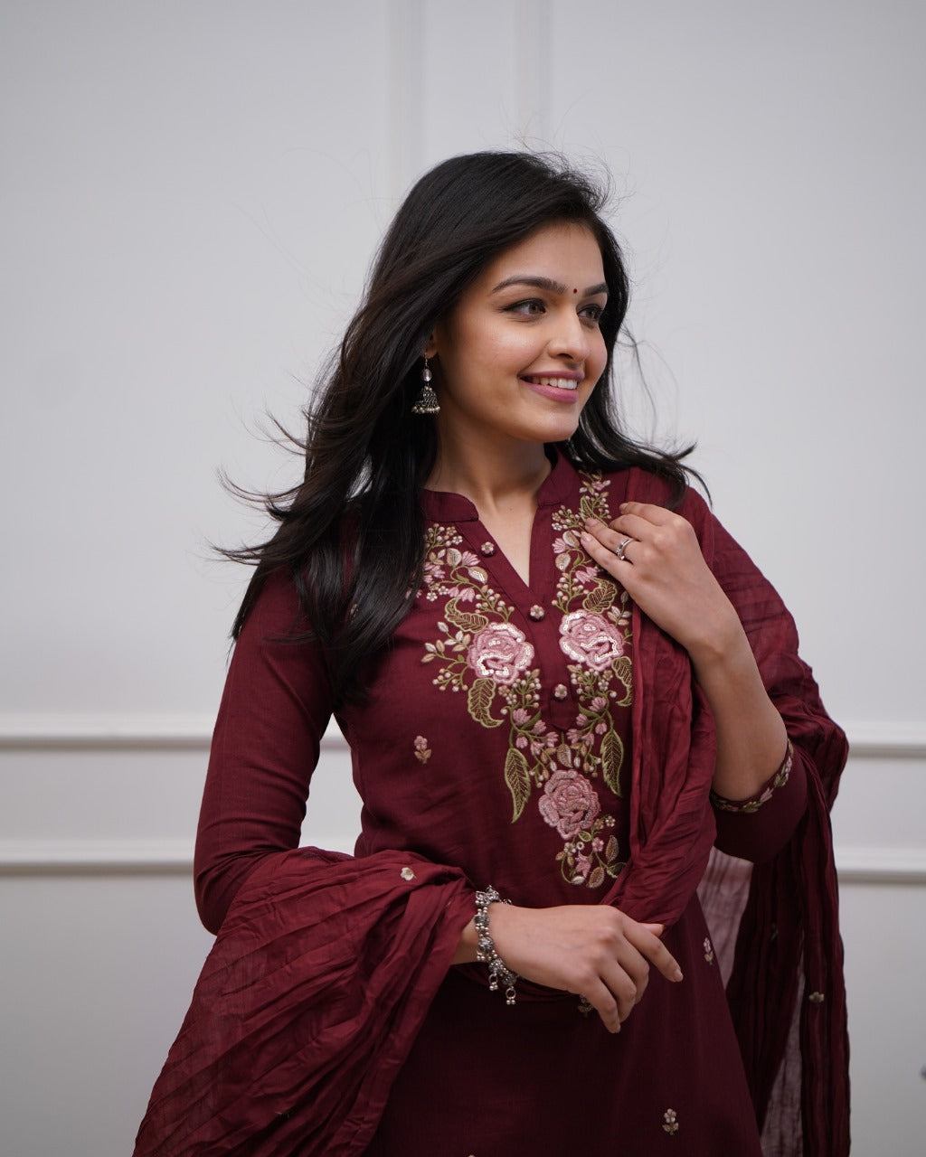 Women Cotton Maroon Embroidered Kurta Pant And Dupatta Set