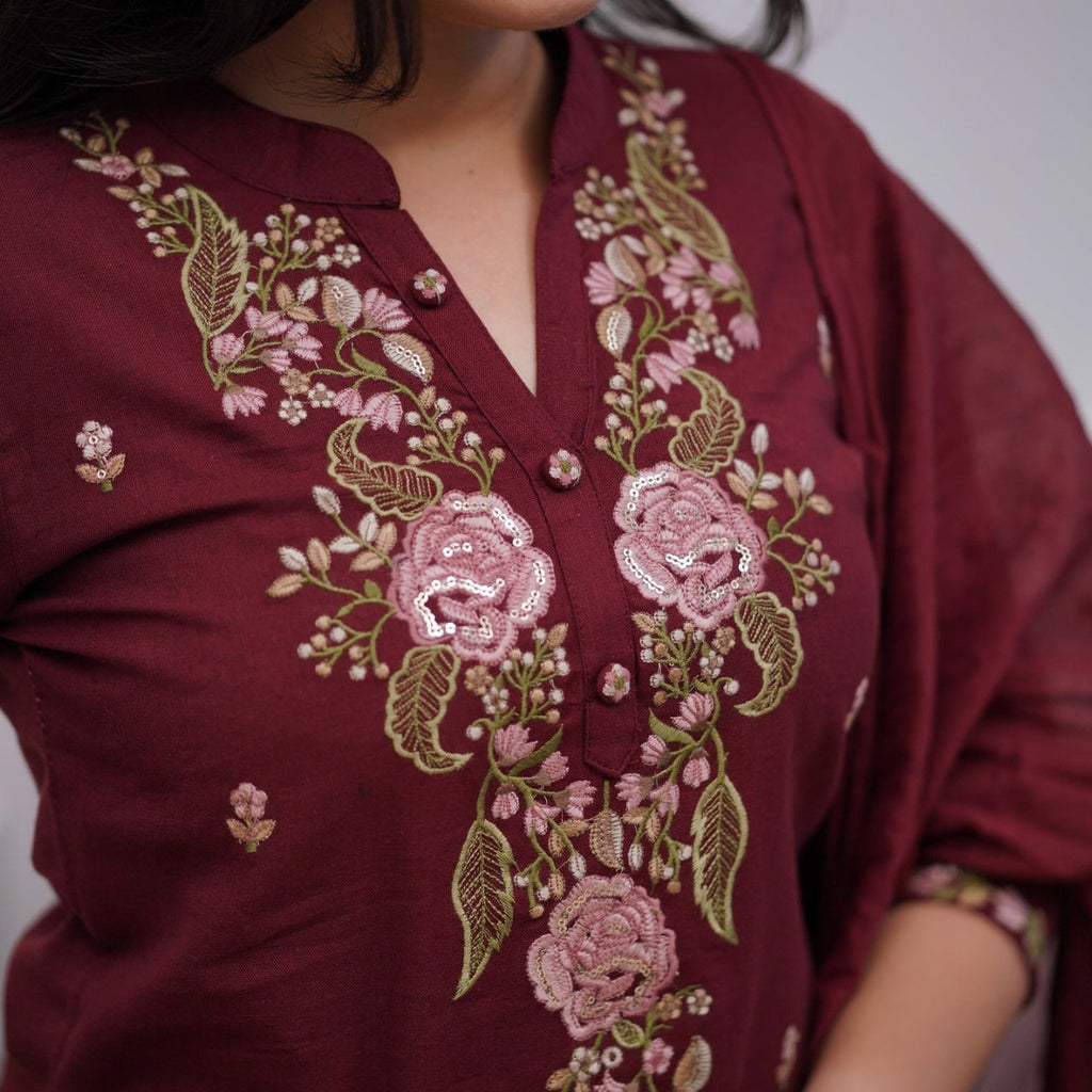 Women Cotton Maroon Embroidered Kurta Pant And Dupatta Set