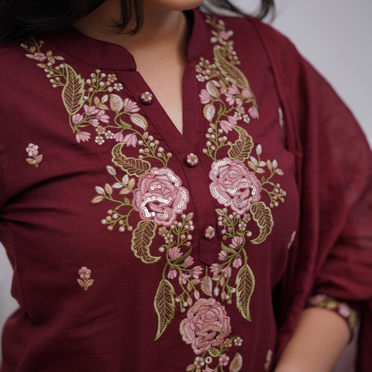 Women Cotton Maroon Embroidered Kurta Pant And Dupatta Set