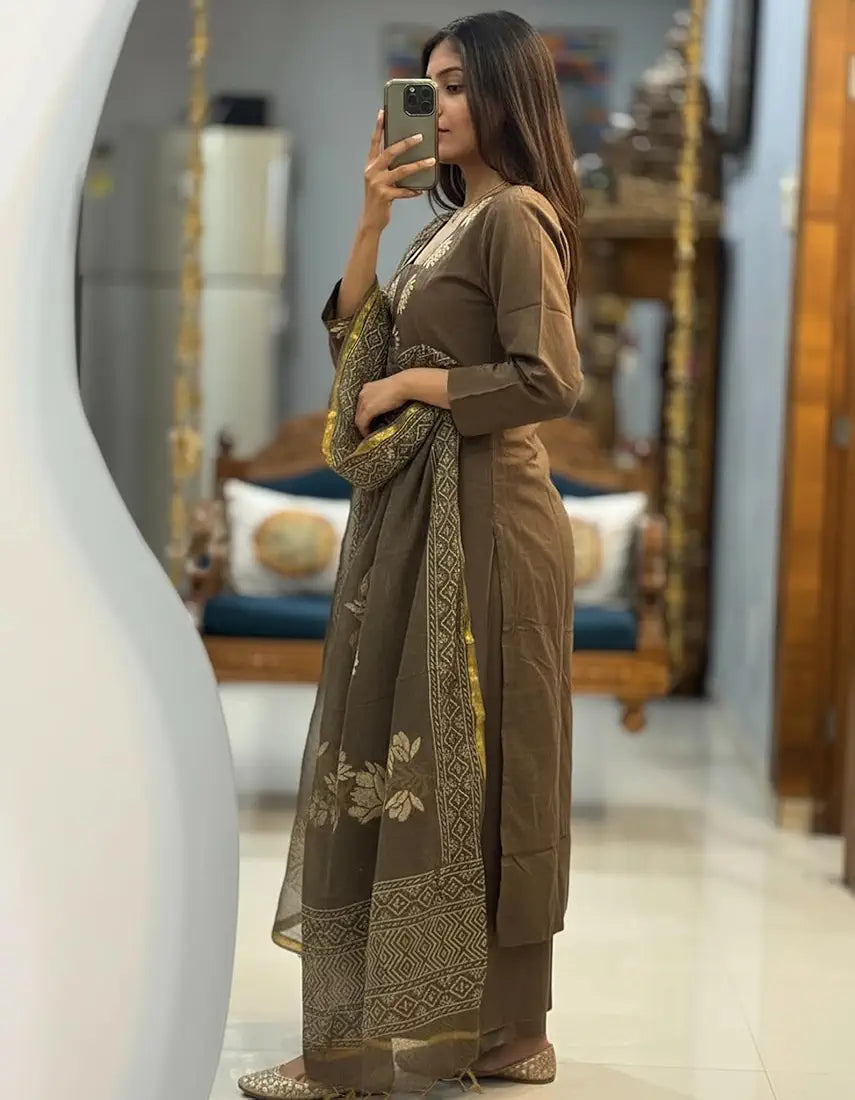 Coffee Flower Cotton Embroidered Suit Set with Pant & Printed Dupatta