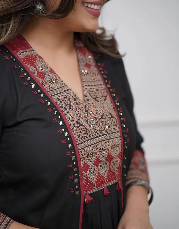 Floral Embroidered Black V Neck Pure Cotton A Line Kurta With Trouser & Dupatta