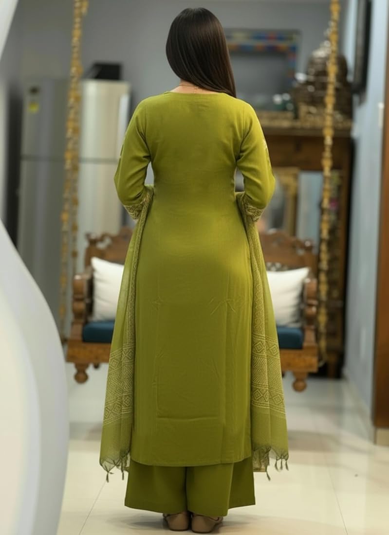 Green Flower Cotton Embroidered Suit Set with Pant & Printed Dupatta