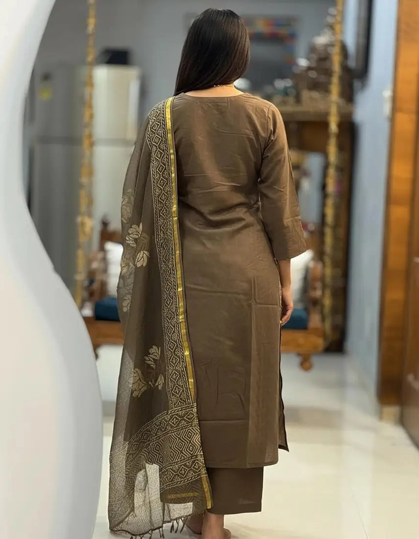 Coffee Flower Cotton Embroidered Suit Set with Pant & Printed Dupatta