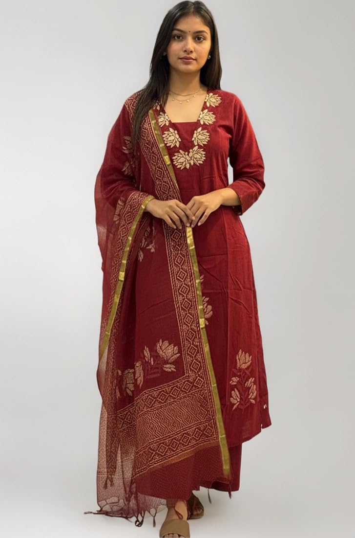 Maroon Flower Cotton Embroidered Suit Set with Pant & Printed Dupatta