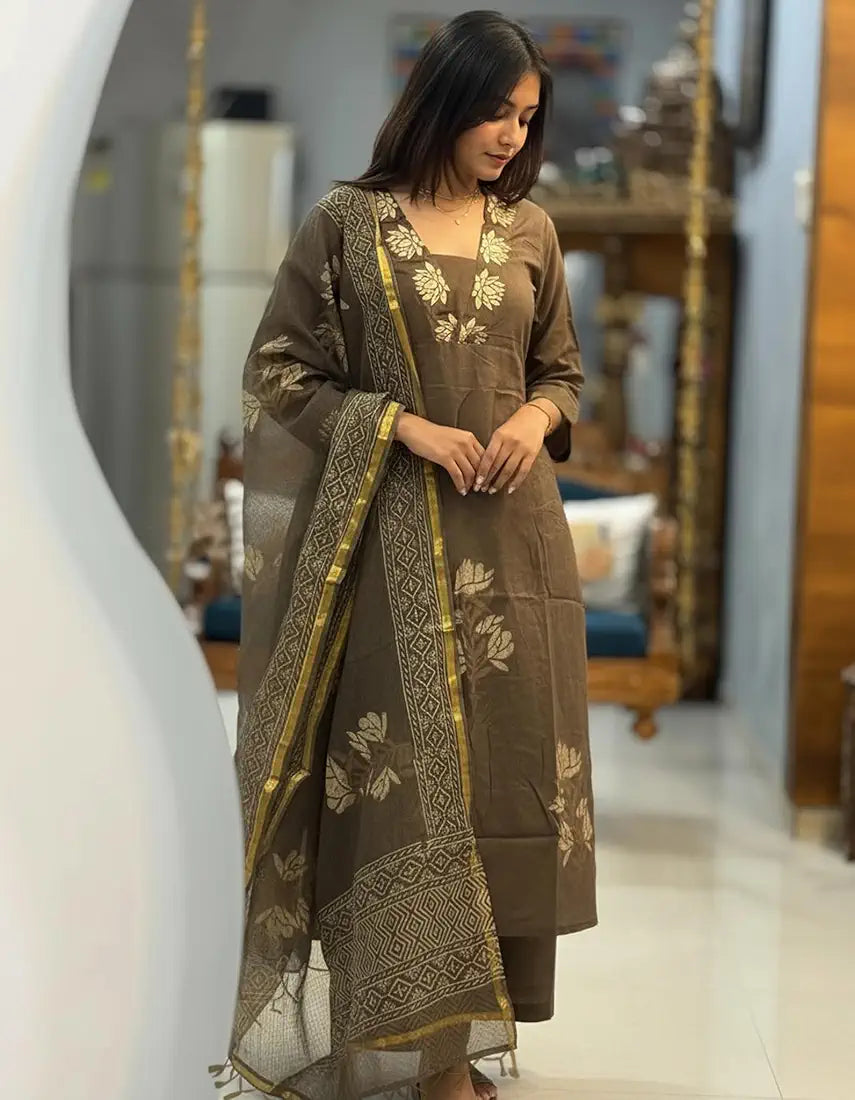 Coffee Flower Cotton Embroidered Suit Set with Pant & Printed Dupatta