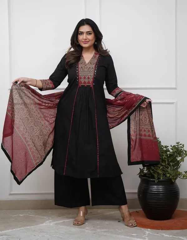 Floral Embroidered Black V Neck Pure Cotton A Line Kurta With Trouser & Dupatta