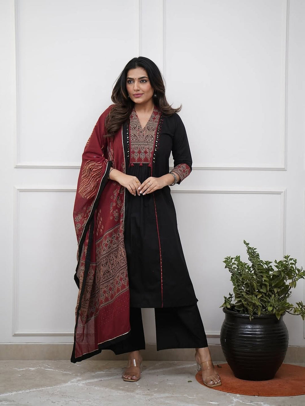 Floral Embroidered Black V Neck Pure Cotton A Line Kurta With Trouser & Dupatta