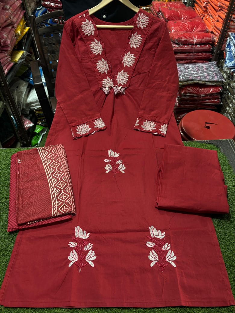 Maroon Flower Cotton Embroidered Suit Set with Pant & Printed Dupatta