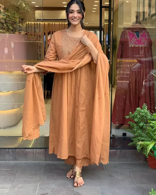 Festive Anarkali Kurti Set in Premium Cotton with Sequins & Pitton Work