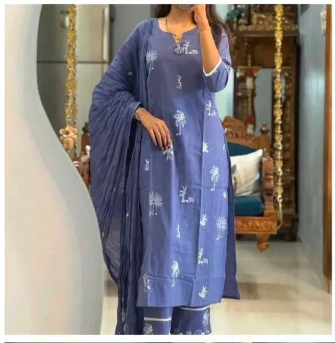 Light blue or lavender Straight Suit Set with White Embroidery Accents in Pure Slub Cotton (Linen-like Finish) with Dupatta