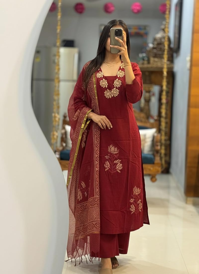 Maroon Flower Cotton Embroidered Suit Set with Pant & Printed Dupatta